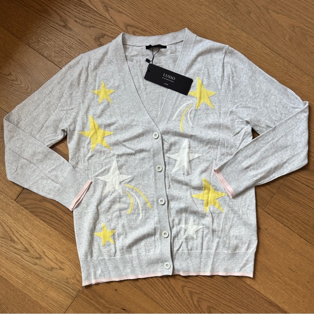 Lusso Cotton-Cashmere Blend Cardigan - Gray, Yellow & White - Size L - NWT